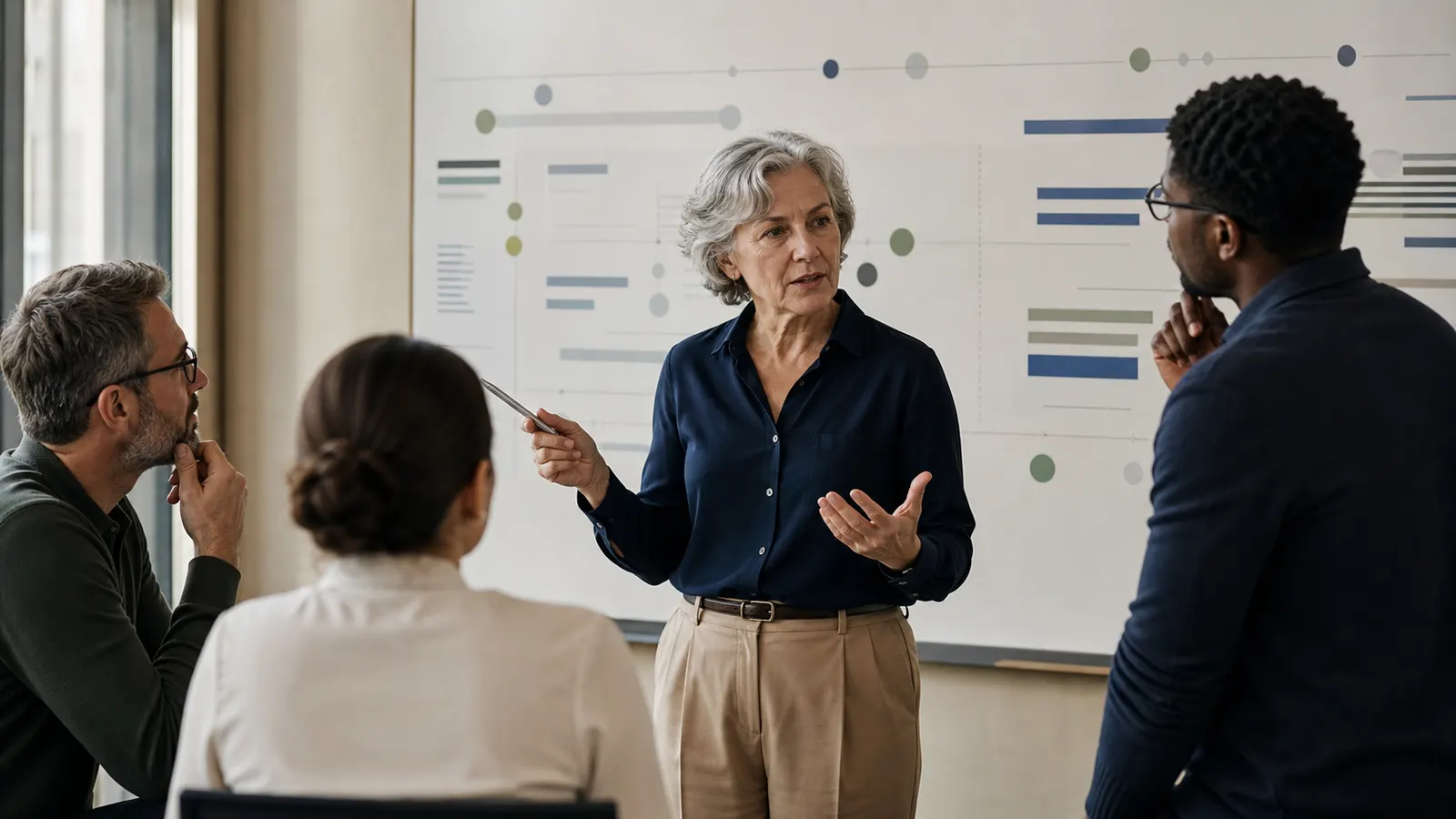 Responsable expérimentée présentant une analyse des départs et de l’emploi senior à un comité