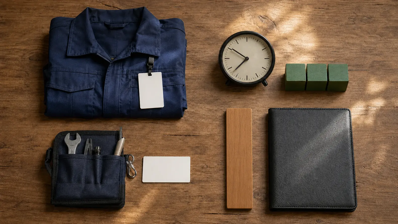 Vêtement de travail, horloge sans chiffres, blocs de jours, trousse à outils et portfolio disposés en quatre groupes sur une table en bois.