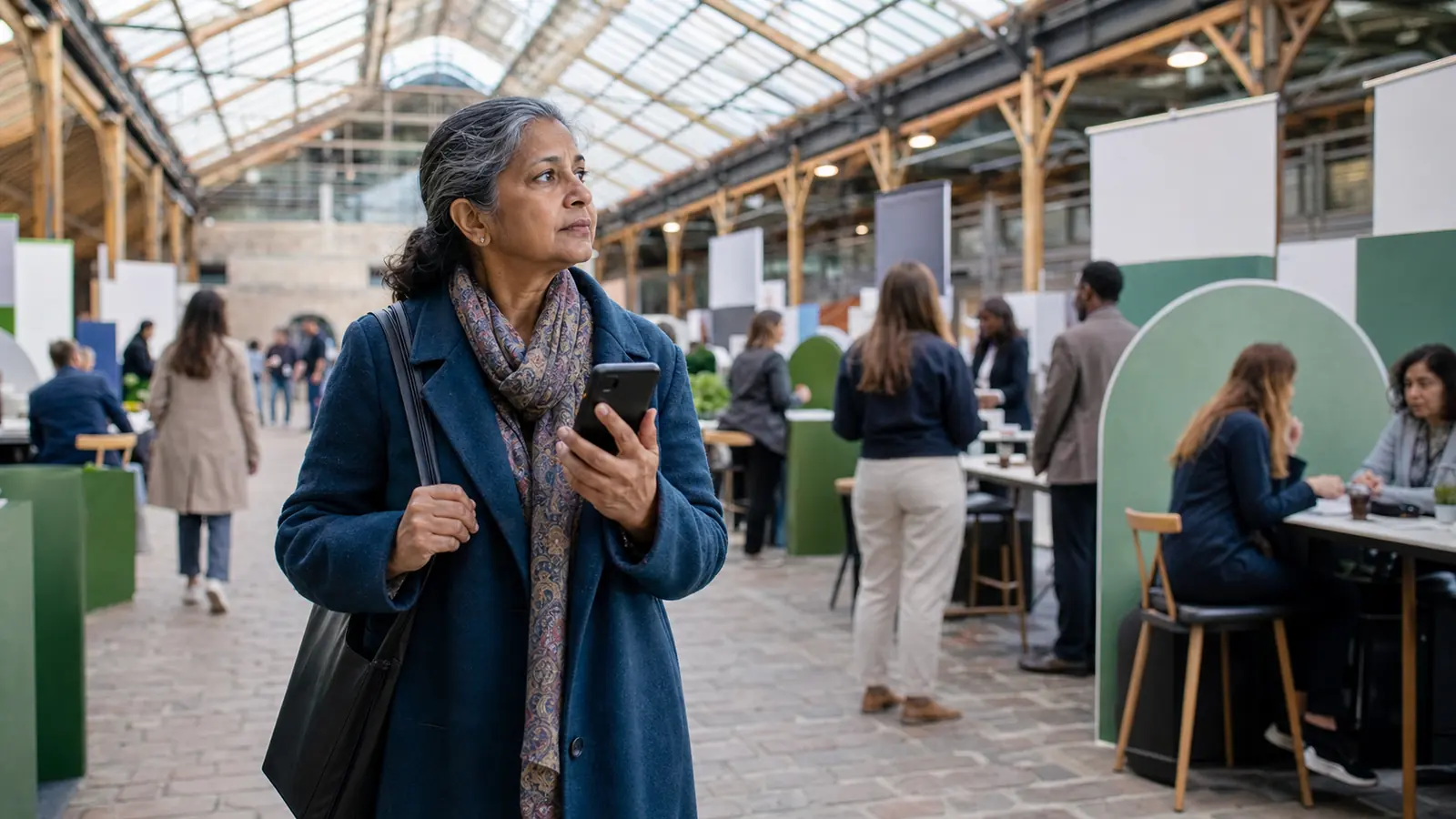 Femme expérimentée observant les espaces d’un forum de l’emploi dans une halle avec un téléphone en main.
