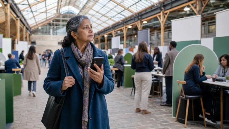 Femme expérimentée observant les espaces d’un forum de l’emploi dans une halle avec un téléphone en main.