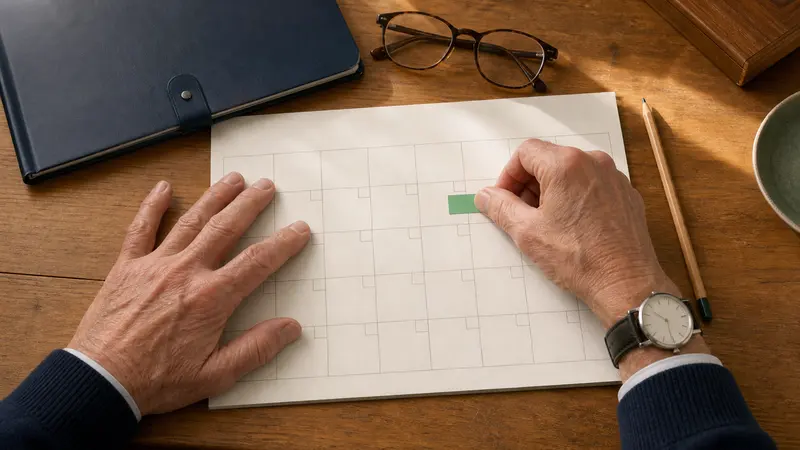 Mains d’un professionnel senior plaçant un repère vert sur la date choisie dans un calendrier de retraite