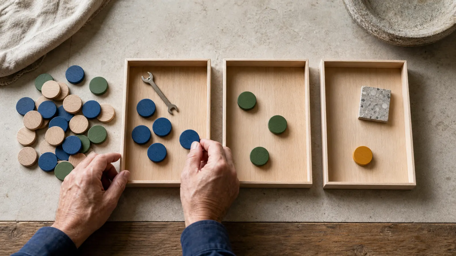 Deux mains répartissant des jetons bleus, verts et orange dans trois plateaux en bois avec un outil et un échantillon.